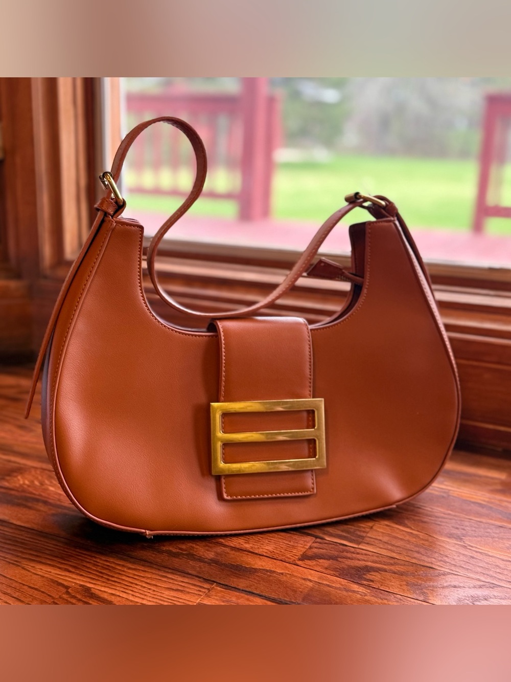 Brown Leather Shoulder Bag with Gold Buckle